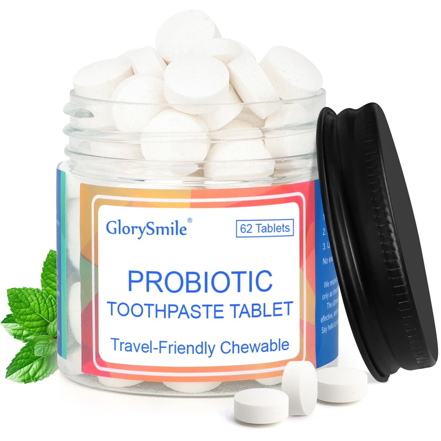 GlorySmile Toothpaste Tablets – Nano Hydroxyapatite with Probiotics, Fluoride-Free, Plastic-Free, Mint – 62ct Eco & Travel Friendly
