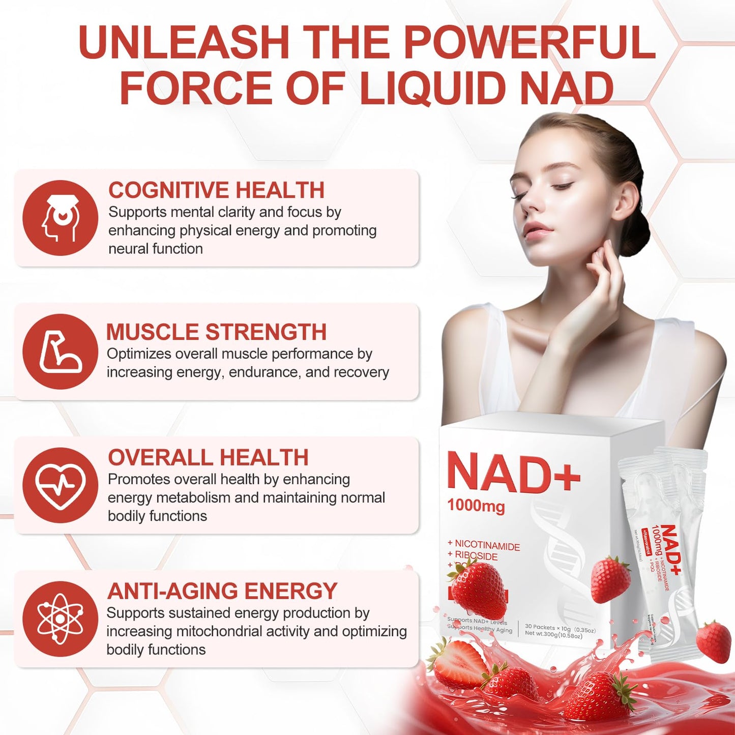 GlossLuxe NAD Liquid 1000mg – NAD+ Supplement with Nicotinamide Riboside, Resveratrol & PQQ | 30 Packets