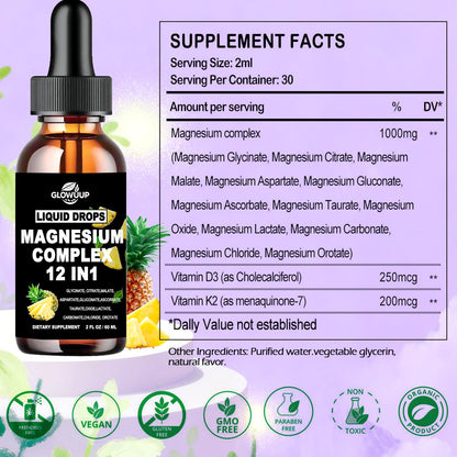 GLOVVUUP Magnesium 12-in-1 Complex 1000mg | Liquid Drops with Glycinate & More