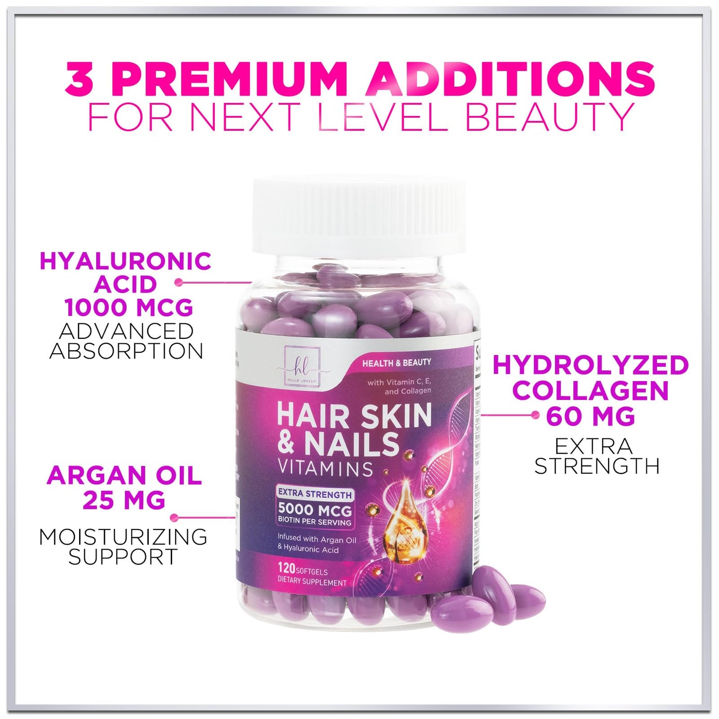 Hair, Skin & Nails Vitamins for Women - Biotin 5000mcg + Argan Oil, Collagen & Hyaluronic Acid | 120 Softgels