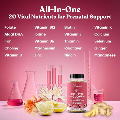 Glow Prenatal Vitamins – 60 Capsules, 20-in-1 Nutrients for Healthy Pregnancy
