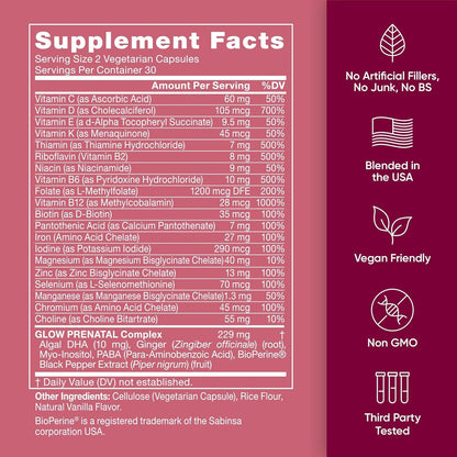 Glow Prenatal Vitamins – 60 Capsules, 20-in-1 Nutrients for Healthy Pregnancy