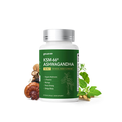 GlowEver KSM-66 Ashwagandha with L-Theanine – Mood & Energy Support | 60 Vegan Capsules