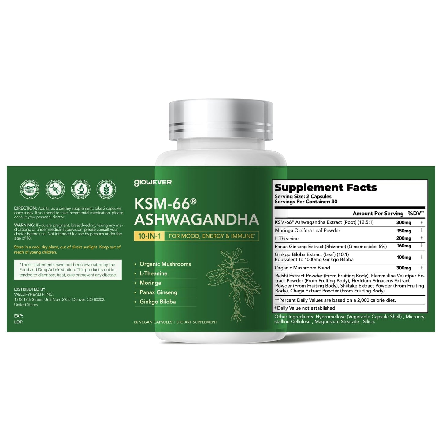 GlowEver KSM-66 Ashwagandha with L-Theanine – Mood & Energy Support | 60 Vegan Capsules