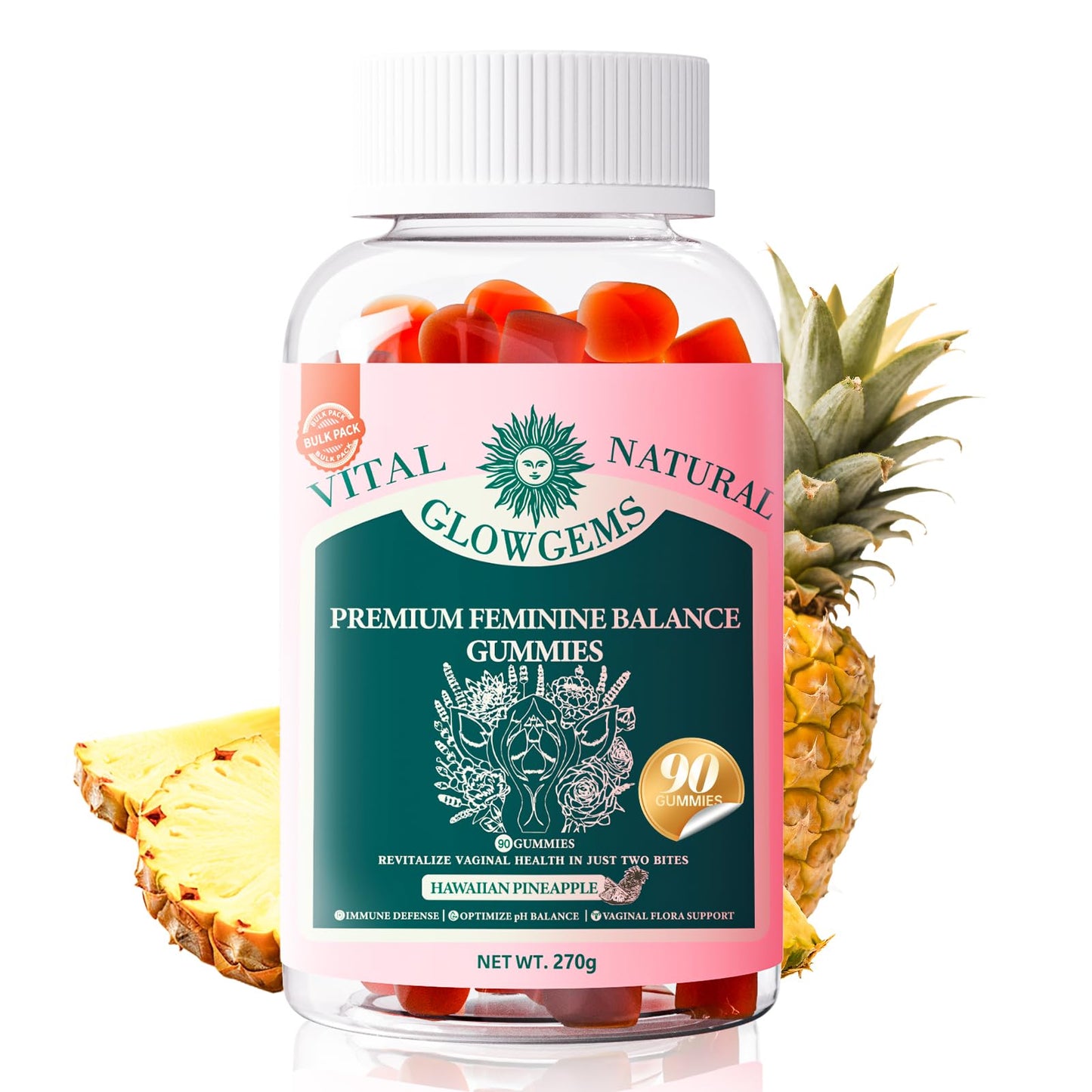 GlowGems Premium Feminine Balance Gummies for Women | pH Balance & Wellness (Vegan, Gluten-Free, 90 Count)