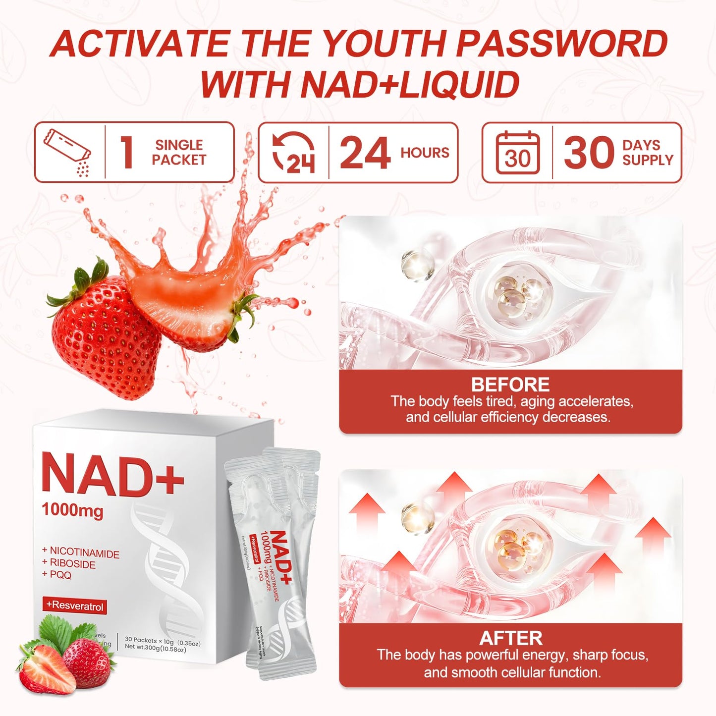 Glowshave NAD 1000mg Liquid Packets – NAD+ Berry Drink Mix with NR, Resveratrol & PQQ – 30 Packets