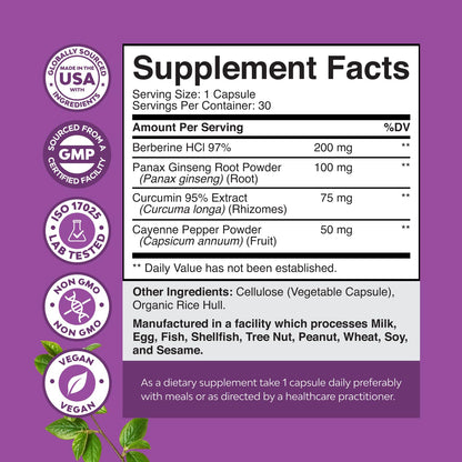 GLP-1 Berberine Supplement - One a Day Healthy Gut Berberine Complex with Panax Ginseng Turmeric Curcumin & Cayenne Pepper for Metabolic Balance - Gluten Free Vegan and Non-GMO (2 Month Supply)