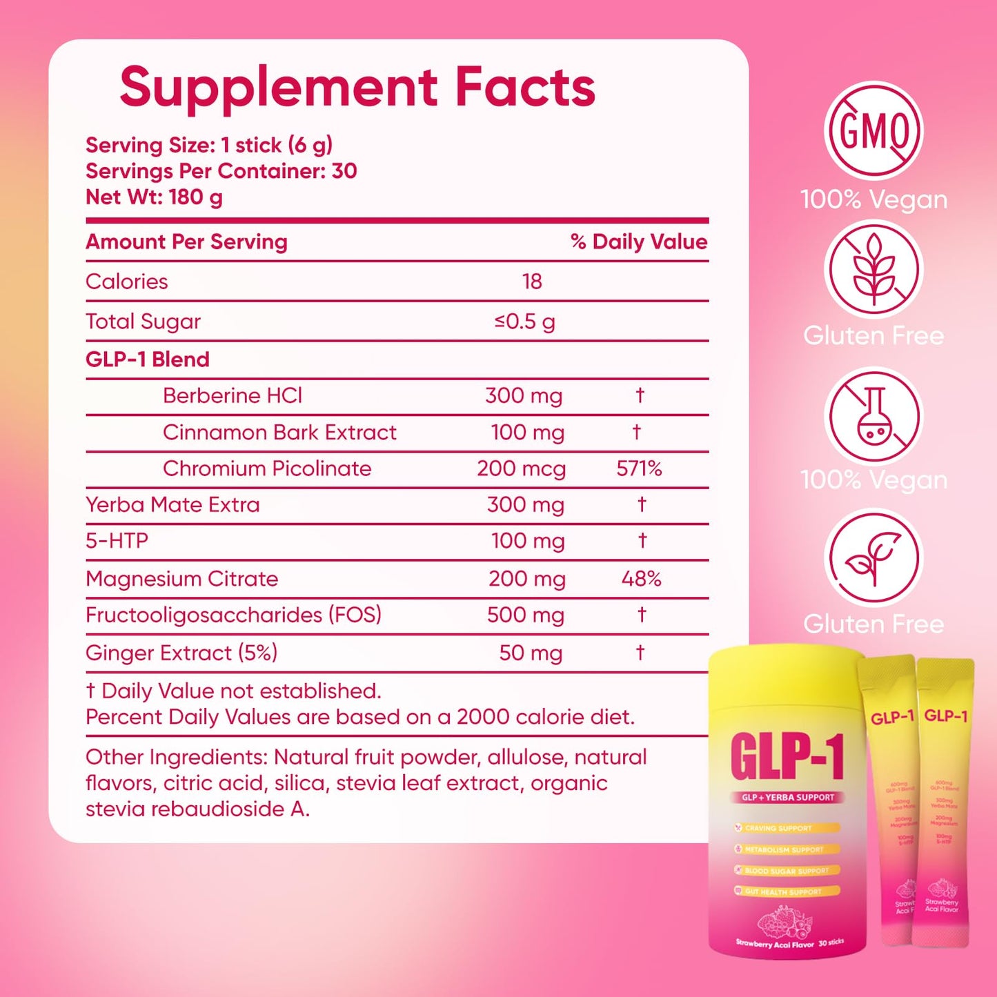 GLP-1 Drink Mix with Berberine, Chromium, 5-HTP, Yerba Mate & Magnesium – Strawberry Acai, 30 Packs | Vegan, Sugar-Free, Non-GMO
