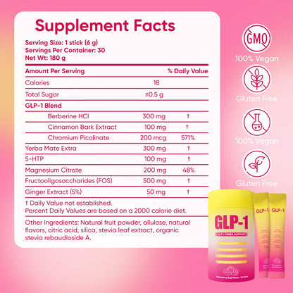 GLP-1 Drink Mix with Berberine, Chromium, 5-HTP, Yerba Mate & Magnesium – Strawberry Acai, 30 Packs | Vegan, Sugar-Free, Non-GMO