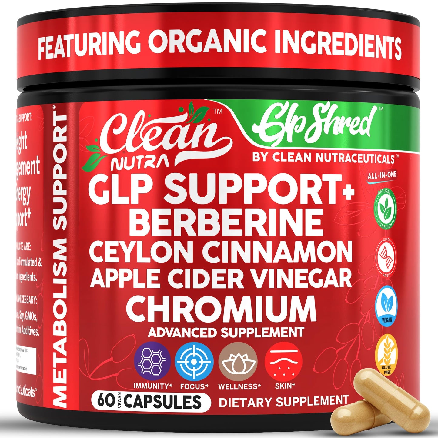 GLP Shred with Berberine, Cinnamon, ACV & Turmeric – 60 Vegan Capsules | Clean Nutra