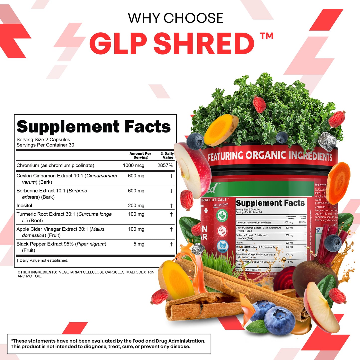 GLP Shred with Berberine, Cinnamon, ACV & Turmeric – 60 Vegan Capsules | Clean Nutra