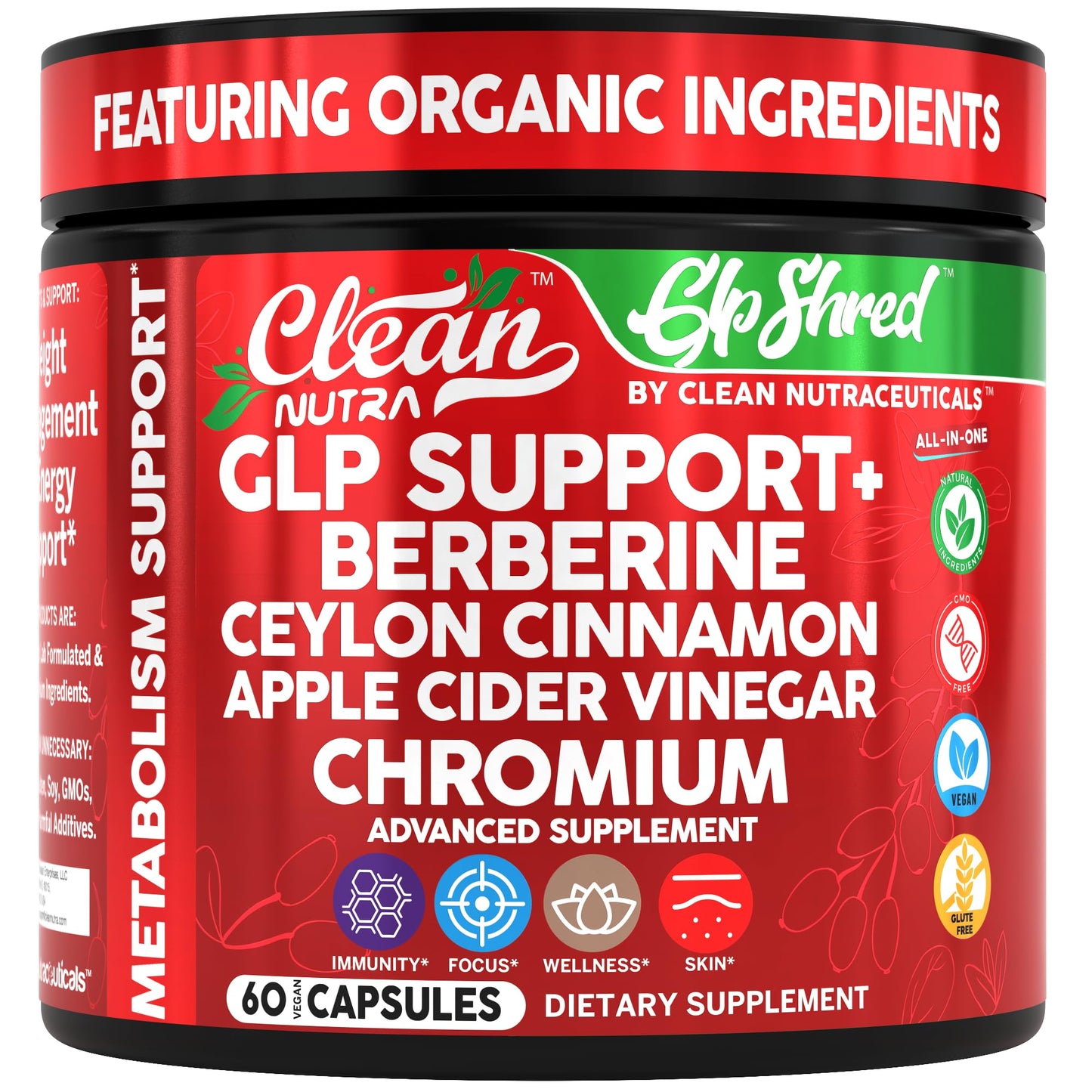 GLP Shred with Berberine, Cinnamon, ACV & Turmeric – 60 Vegan Capsules | Clean Nutra
