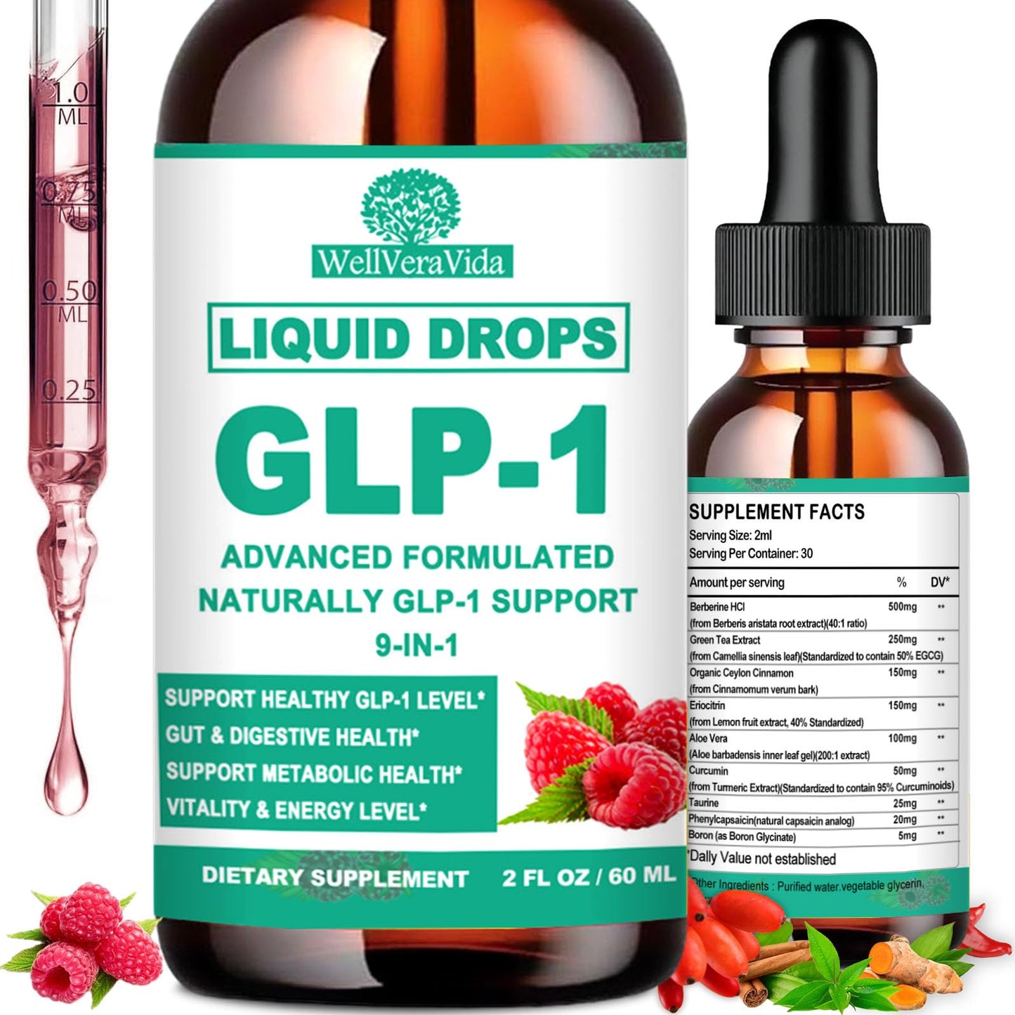 GLP-1 Supplements Drops | 9-in-1 Premium GLP1 Boost w. Berberine, Ceylon Cinnamon, Green Tea Extra- ct Eriocitrin, Naturally GLP 1 Support for Metabolism & Gut Digestion丨Raspberry, Sugar Free