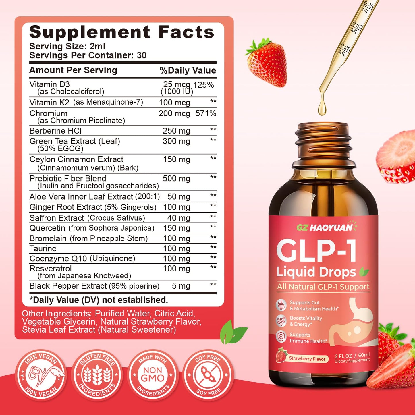 GLP-1 Supplement – 16-in-1 Liquid Drops with Berberine, Cinnamon, Green Tea & Resveratrol (Strawberry, 2 oz)