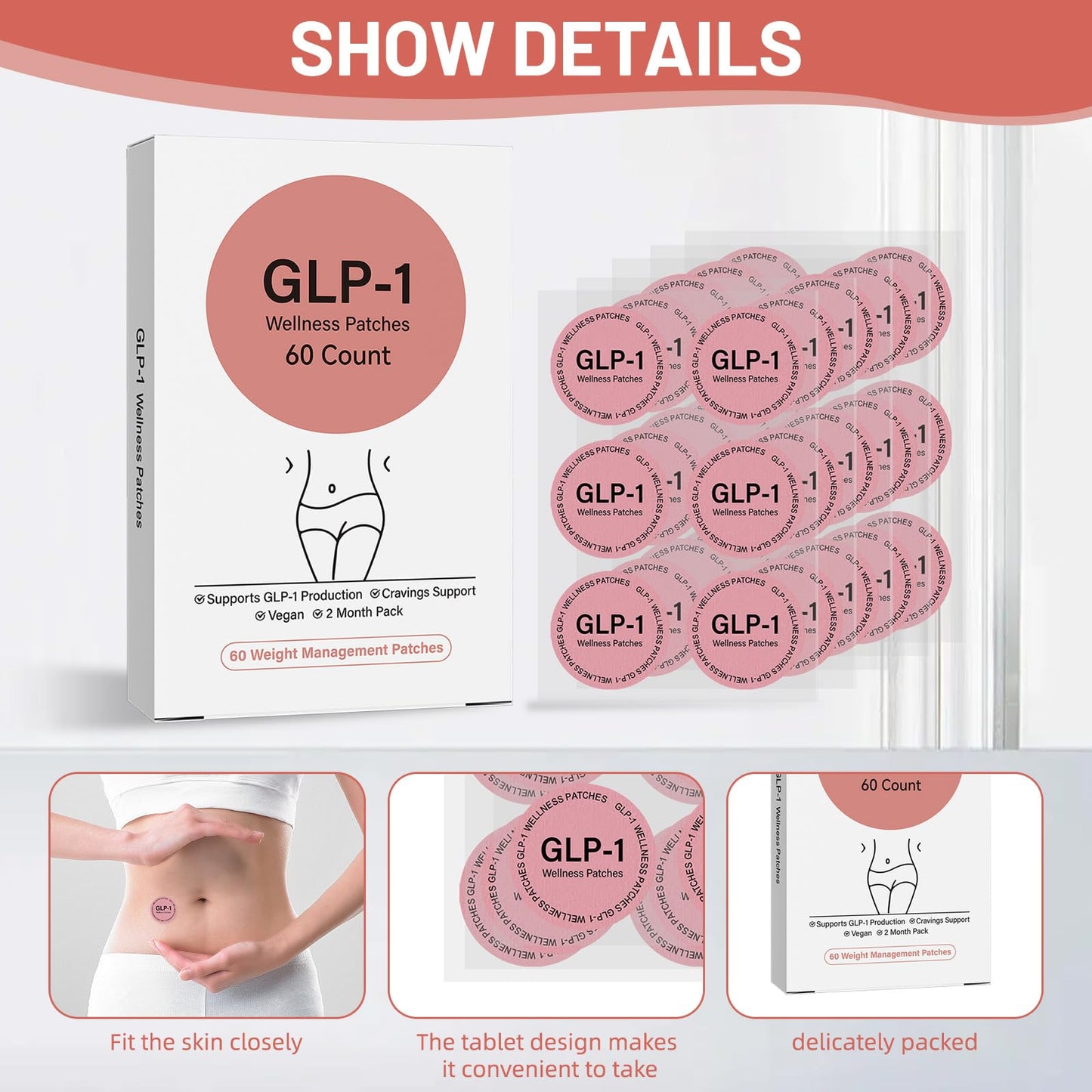 GLP-1 Support Patches for Women – 60 Count Patch Cosmetic – Natural Ingredients Patch (Pack of 1)
