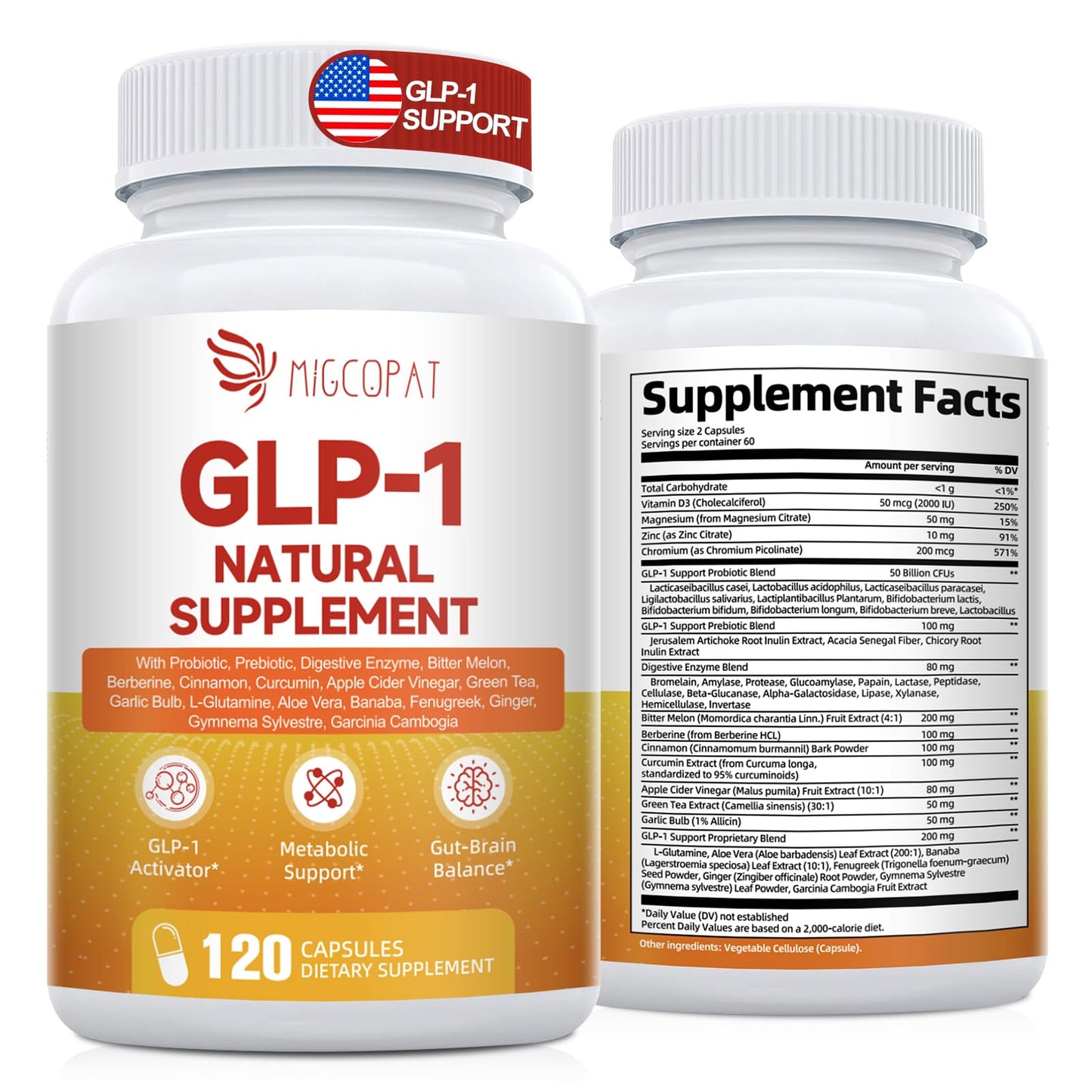 GLP-1 Supplement for Women and Men | Hunger & Metabolism Support - Probiotic, Prebiotic, Berberine, Chromium, Vitamin D3, Digestive Enzymes (120 Capsules)