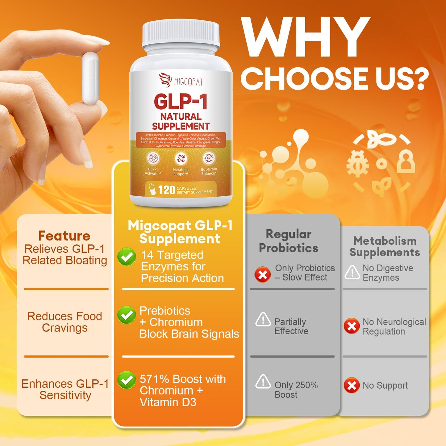 GLP-1 Supplement for Women and Men | Hunger & Metabolism Support - Probiotic, Prebiotic, Berberine, Chromium, Vitamin D3, Digestive Enzymes (120 Capsules)