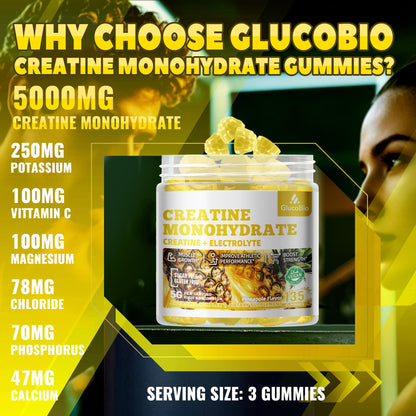 GlucoBio Creatine Monohydrate Gummies (5g) – Pre-Workout Energy, Muscle Growth | Pineapple Electrolyte Gummies 135 Count