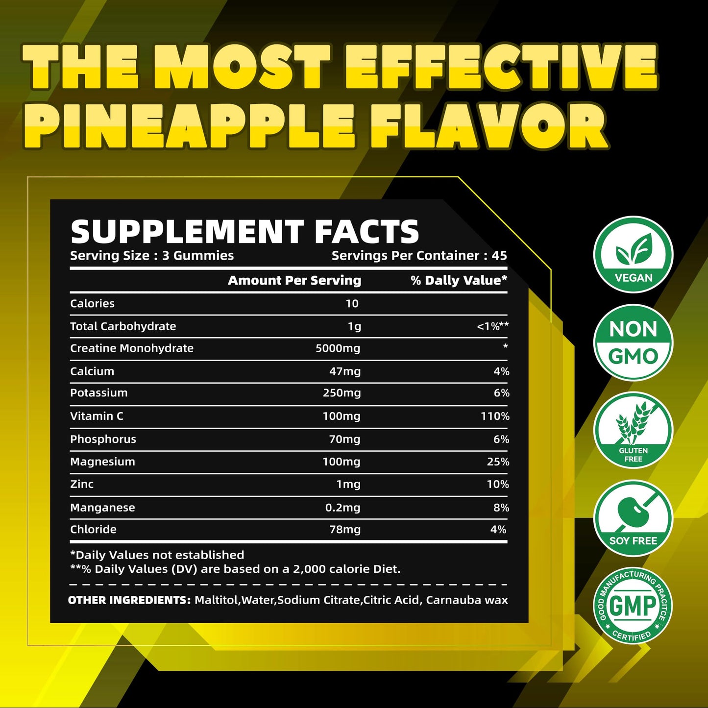 GlucoBio Creatine Monohydrate Gummies (5g) – Pre-Workout Energy, Muscle Growth | Pineapple Electrolyte Gummies 135 Count