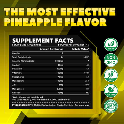 GlucoBio Creatine Monohydrate Gummies (5g) – Pre-Workout Energy, Muscle Growth | Pineapple Electrolyte Gummies 135 Count