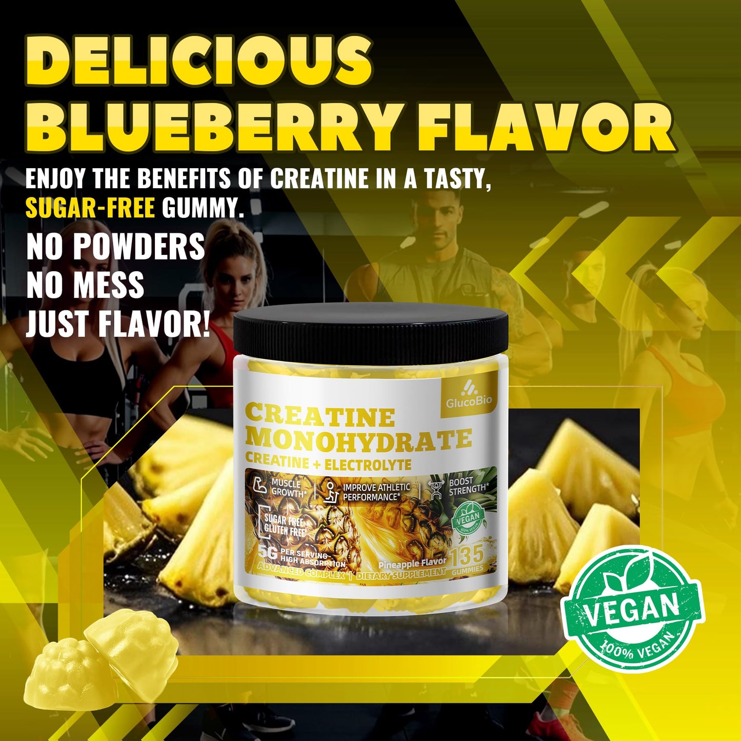 GlucoBio Creatine Monohydrate Gummies (5g) – Pre-Workout Energy, Muscle Growth | Pineapple Electrolyte Gummies 135 Count