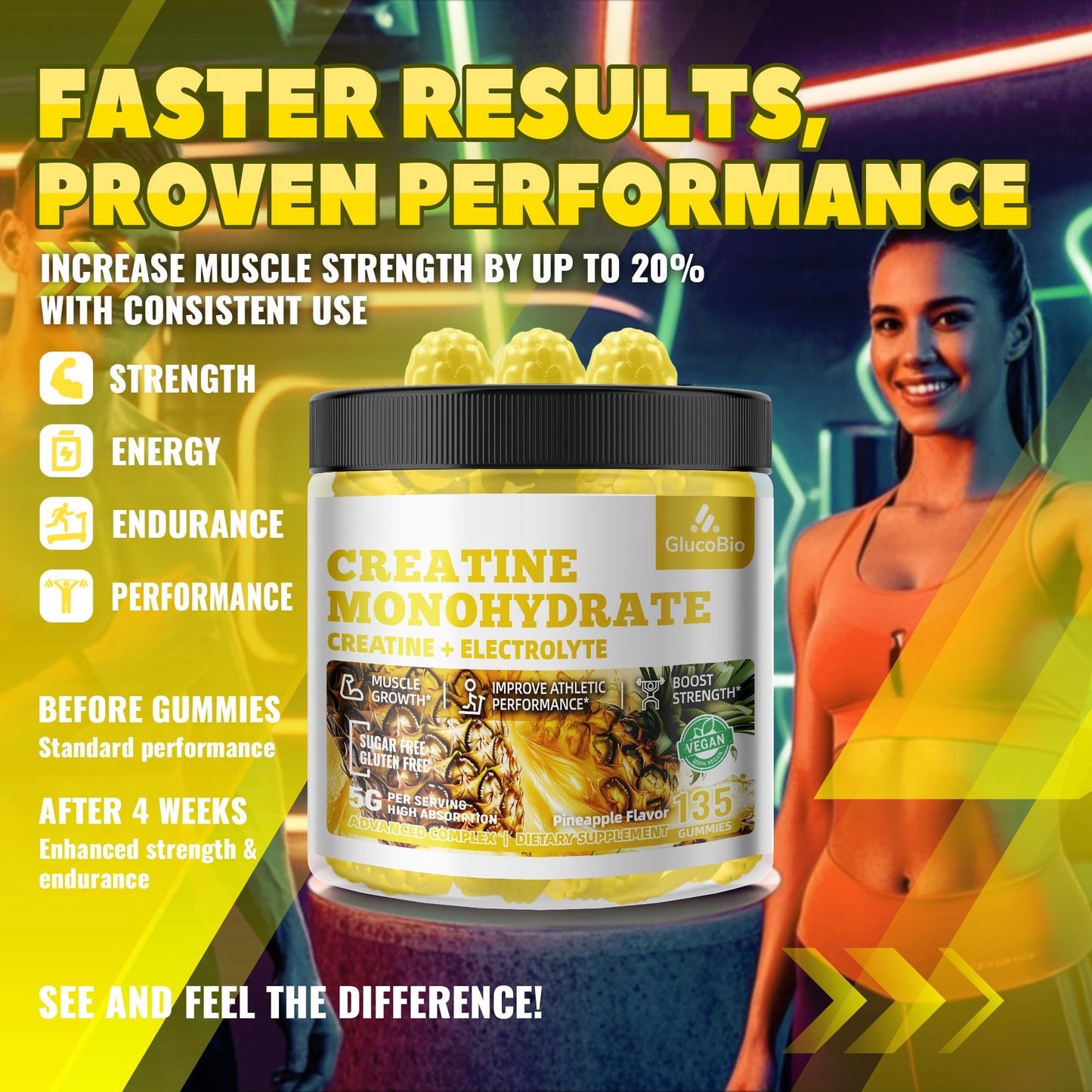 GlucoBio Creatine Monohydrate Gummies (5g) – Pre-Workout Energy, Muscle Growth | Pineapple Electrolyte Gummies 135 Count