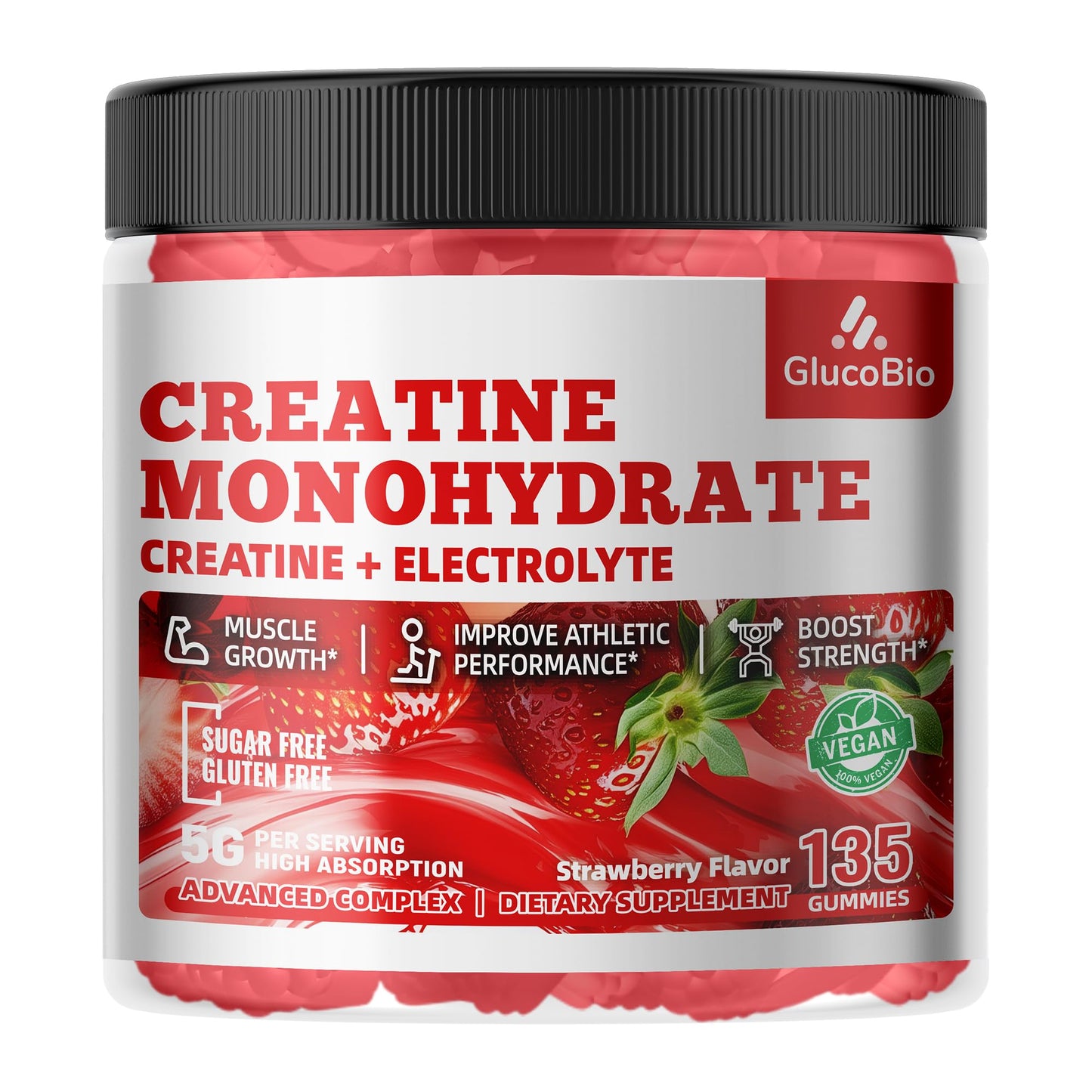 GlucoBio Creatine Monohydrate Gummies (5g) - 135 Count, Strawberry Electrolyte