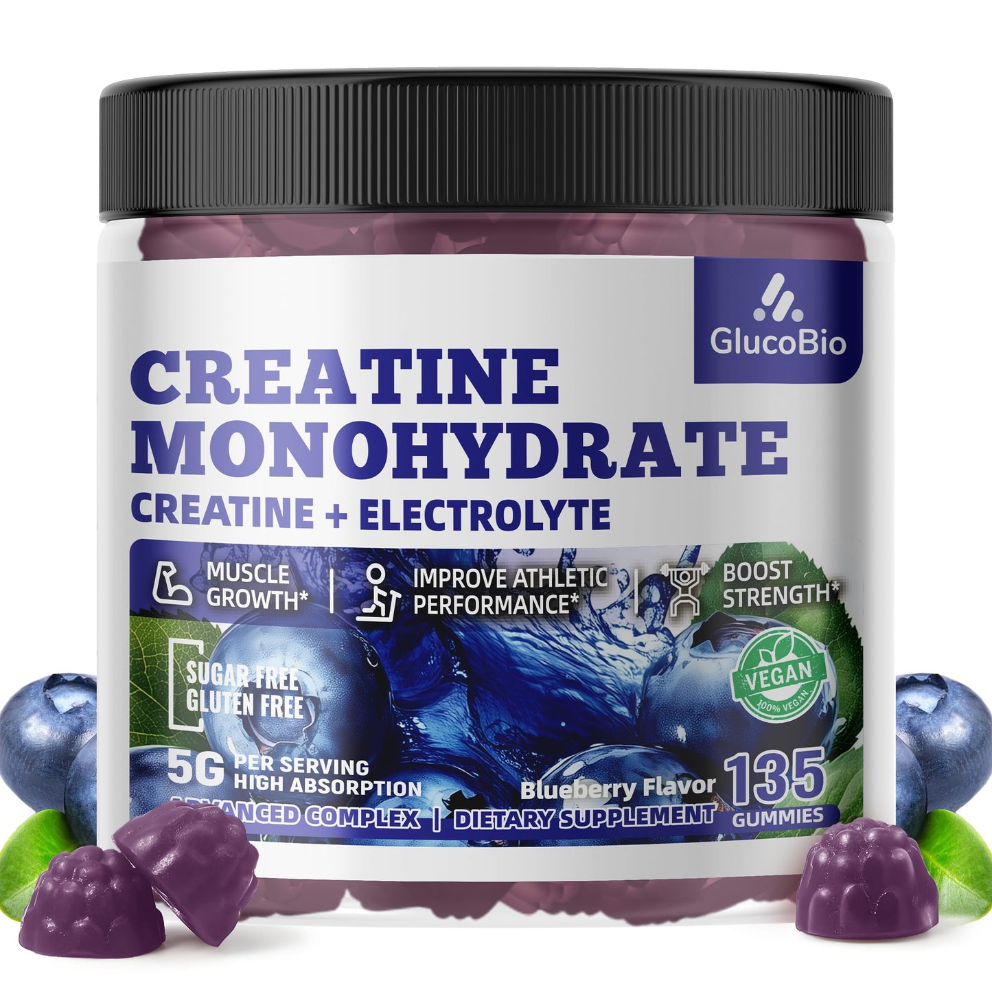 GlucoBio Creatine Monohydrate Gummies 5g – Pre-Workout Energy & Muscle Growth (Blueberry, 135 Count)