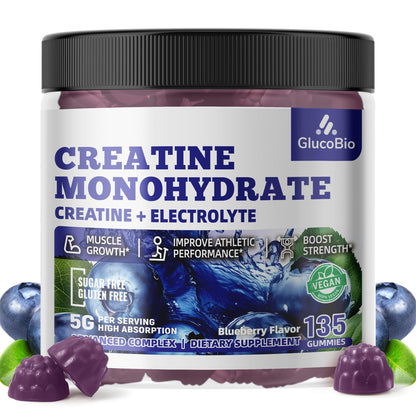 GlucoBio Creatine Monohydrate Gummies 5g – Pre-Workout Energy & Muscle Growth (Blueberry, 135 Count)