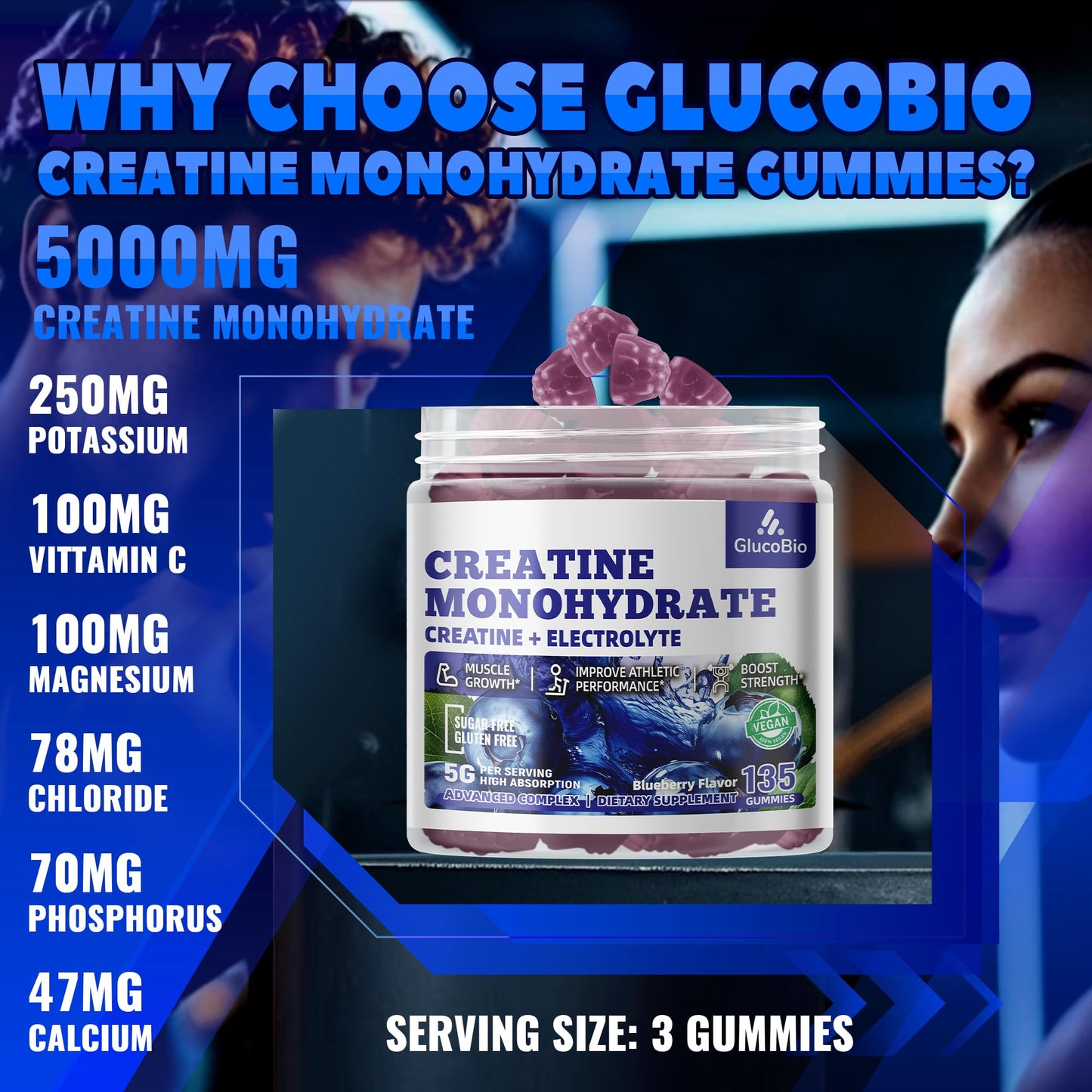 GlucoBio Creatine Monohydrate Gummies 5g – Pre-Workout Energy & Muscle Growth (Blueberry, 135 Count)