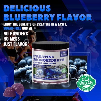 GlucoBio Creatine Monohydrate Gummies 5g – Pre-Workout Energy & Muscle Growth (Blueberry, 135 Count)