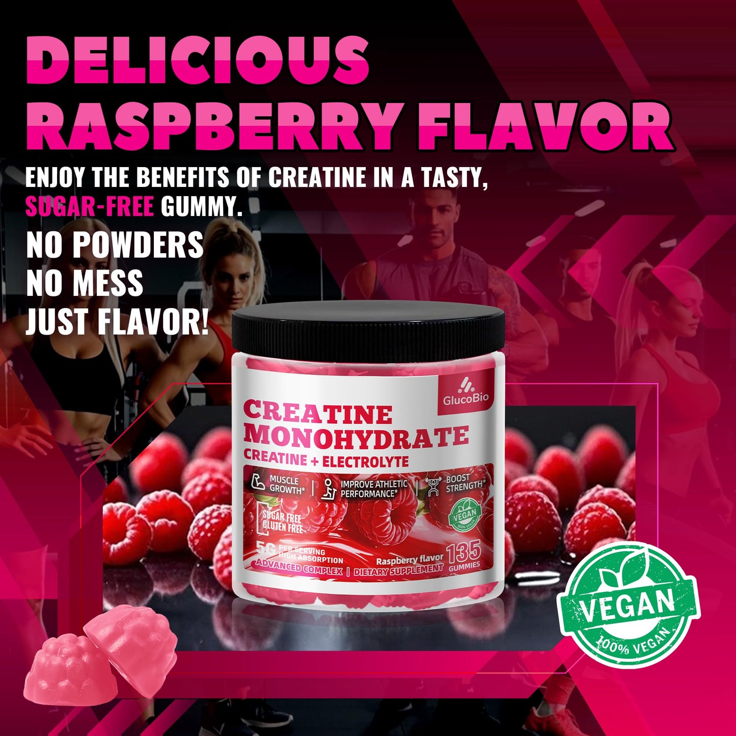 GlucoBio Creatine Monohydrate Gummies – 5g per Serving, Raspberry
