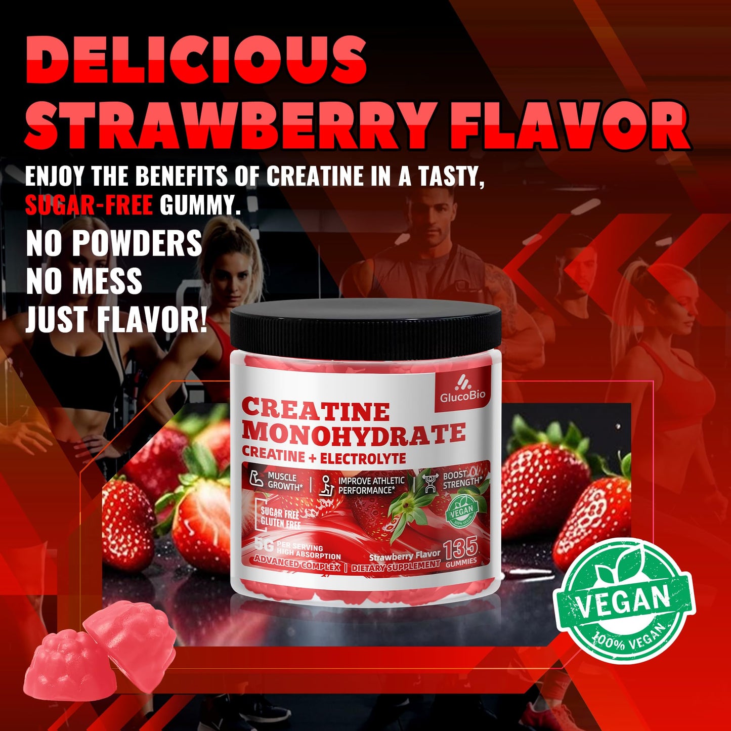 GlucoBio Creatine Monohydrate Gummies (5g) - 135 Count, Strawberry Electrolyte
