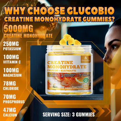 GlucoBio Creatine Monohydrate Gummies 5g – Pre-Workout Energy & Muscle Growth (135 Count) – Vegan