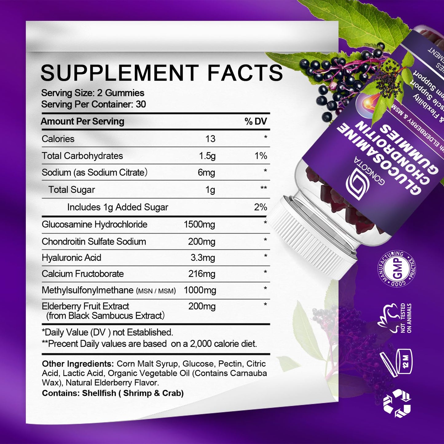Glucosamine Chondroitin Gummies – 2-Pack, Extra Strength 1500mg | MSM & Elderberry | 60 Count