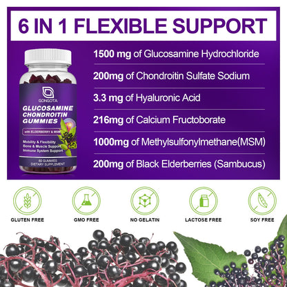 Glucosamine Chondroitin Gummies – 2-Pack, Extra Strength 1500mg | MSM & Elderberry | 60 Count