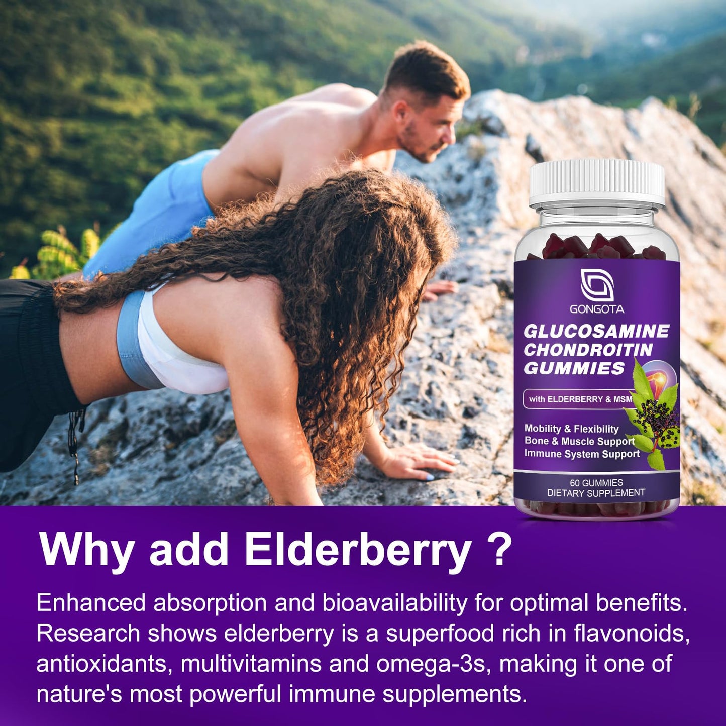 Glucosamine Chondroitin Gummies – 2-Pack, Extra Strength 1500mg | MSM & Elderberry | 60 Count