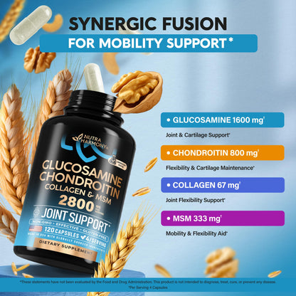 Glucosamine Chondroitin MSM Collagen | HSA | Joint Support 2800 mg | Made in USA | FSA Approved, 120 Capsules