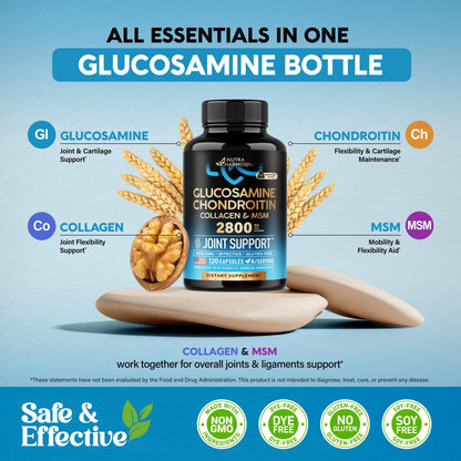 Glucosamine Chondroitin MSM Collagen | HSA | Joint Support 2800 mg | Made in USA | FSA Approved, 120 Capsules