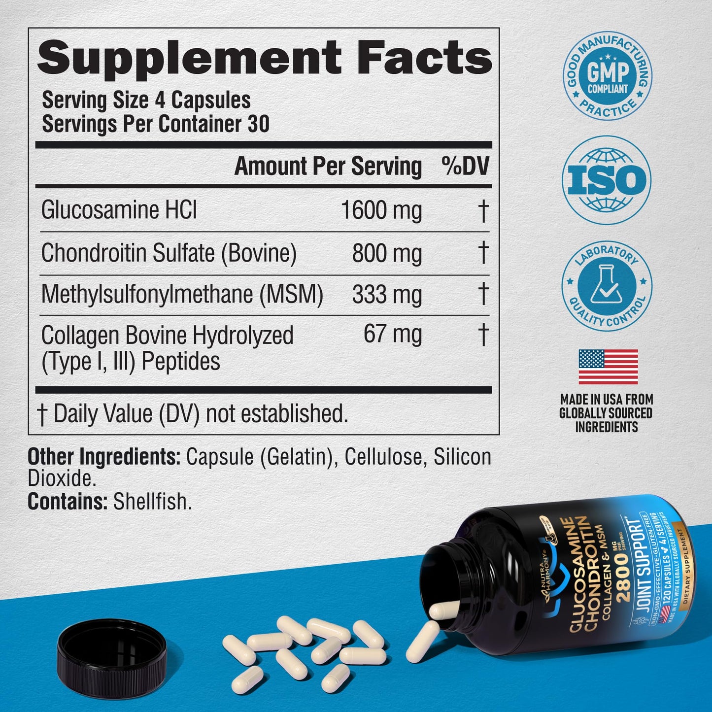 Glucosamine Chondroitin MSM Collagen | HSA | Joint Support 2800 mg | Made in USA | FSA Approved, 120 Capsules
