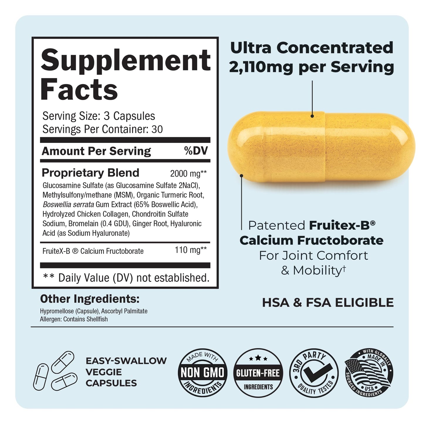 Glucosamine Chondroitin MSM Joint Support – Collagen, Turmeric, Hyaluronic Acid | Gluten Free, Non-GMO 90 Capsules