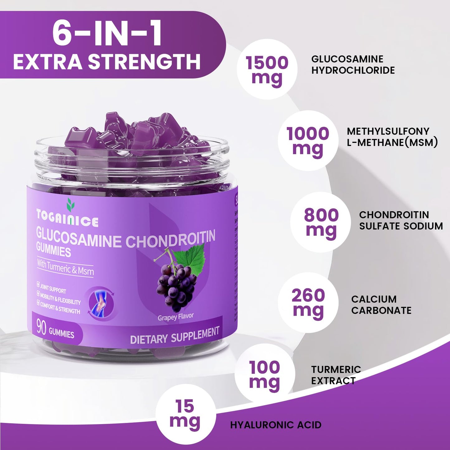 Joint Support Gummies with Glucosamine Chondroitin - Sugar Free, 1500mg Extra Strength + MSM & Turmeric (90 Count)