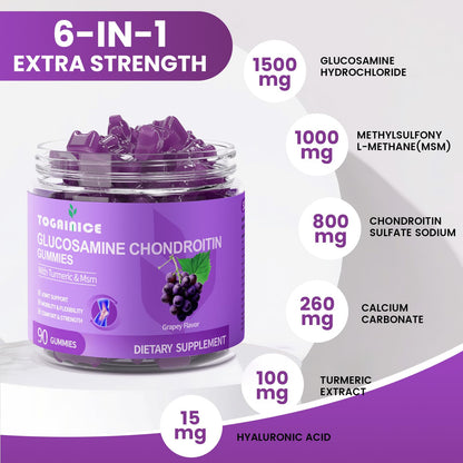 Joint Support Gummies with Glucosamine Chondroitin - Sugar Free, 1500mg Extra Strength + MSM & Turmeric (90 Count)