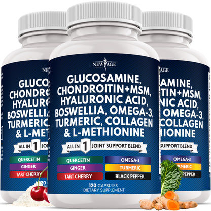 Glucosamine Chondroitin MSM + Turmeric Curcumin, Collagen, Hyaluronic Acid, Omega-3 – Health Supplement 360 Count
