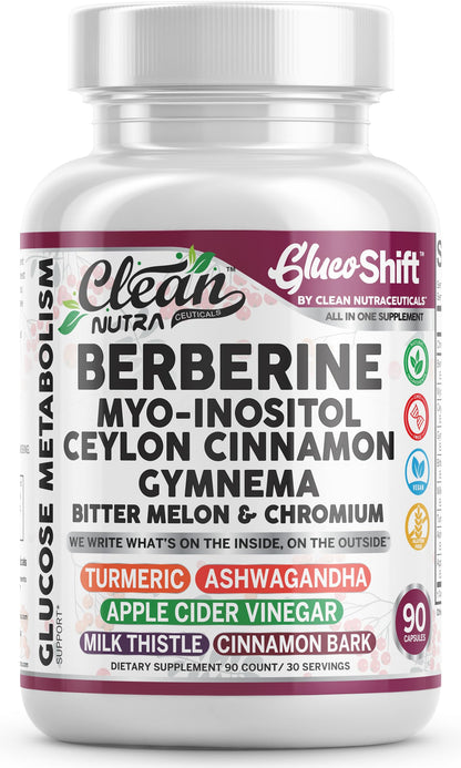 Clean Nutra GlucoShift Berberine Complex – Berberine HCl with Ceylon Cinnamon, Myo-Inositol, Gymnema, Bitter Melon & Chromium | 90 Capsules | Vegan, Gluten-Free, Non-GMO