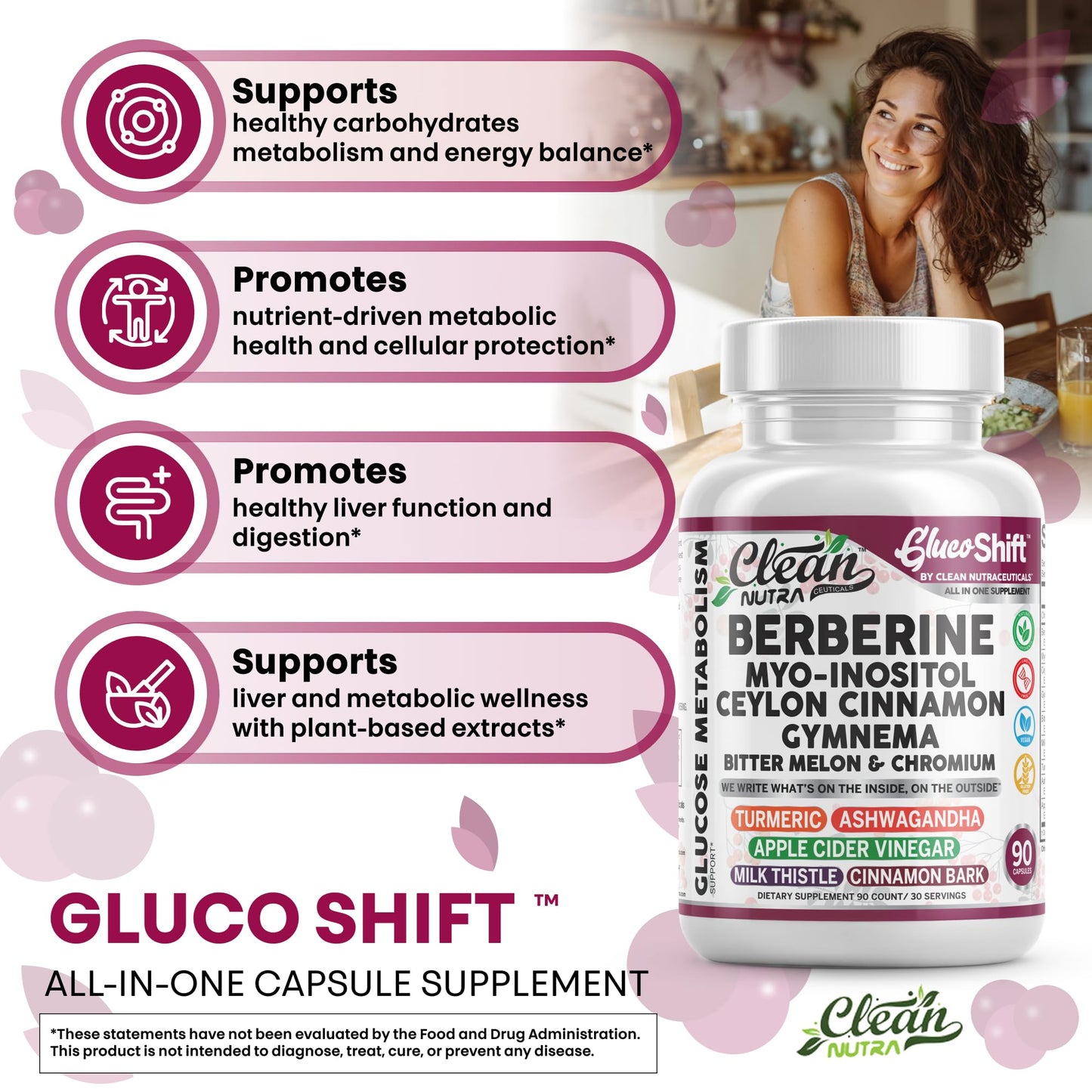 Clean Nutra GlucoShift Berberine Complex – Berberine HCl with Ceylon Cinnamon, Myo-Inositol, Gymnema, Bitter Melon & Chromium | 90 Capsules | Vegan, Gluten-Free, Non-GMO