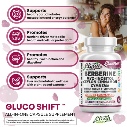 Clean Nutra GlucoShift Berberine Complex – Berberine HCl with Ceylon Cinnamon, Myo-Inositol, Gymnema, Bitter Melon & Chromium | 90 Capsules | Vegan, Gluten-Free, Non-GMO