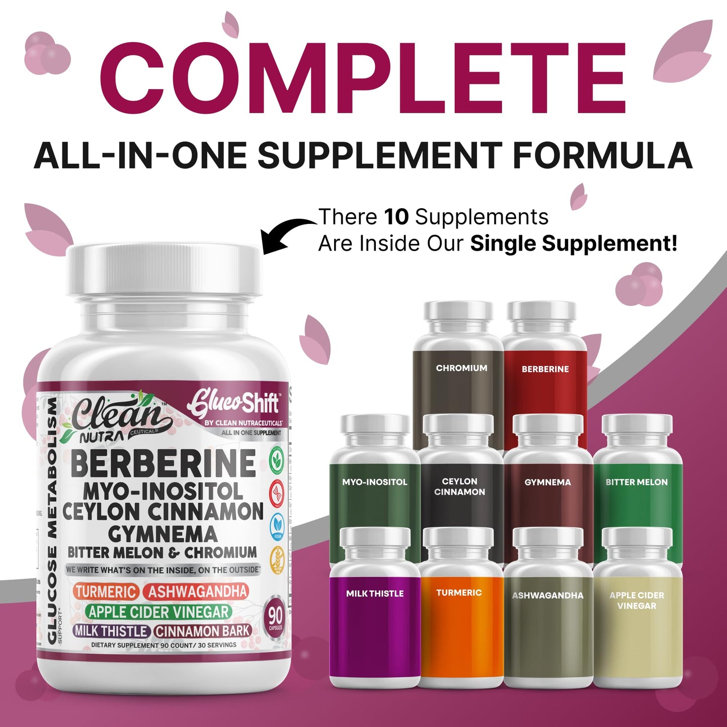 Clean Nutra GlucoShift Berberine Complex – Berberine HCl with Ceylon Cinnamon, Myo-Inositol, Gymnema, Bitter Melon & Chromium | 90 Capsules | Vegan, Gluten-Free, Non-GMO