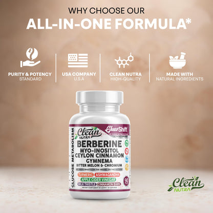 Clean Nutra GlucoShift Berberine Complex – Berberine HCl with Ceylon Cinnamon, Myo-Inositol, Gymnema, Bitter Melon & Chromium | 90 Capsules | Vegan, Gluten-Free, Non-GMO