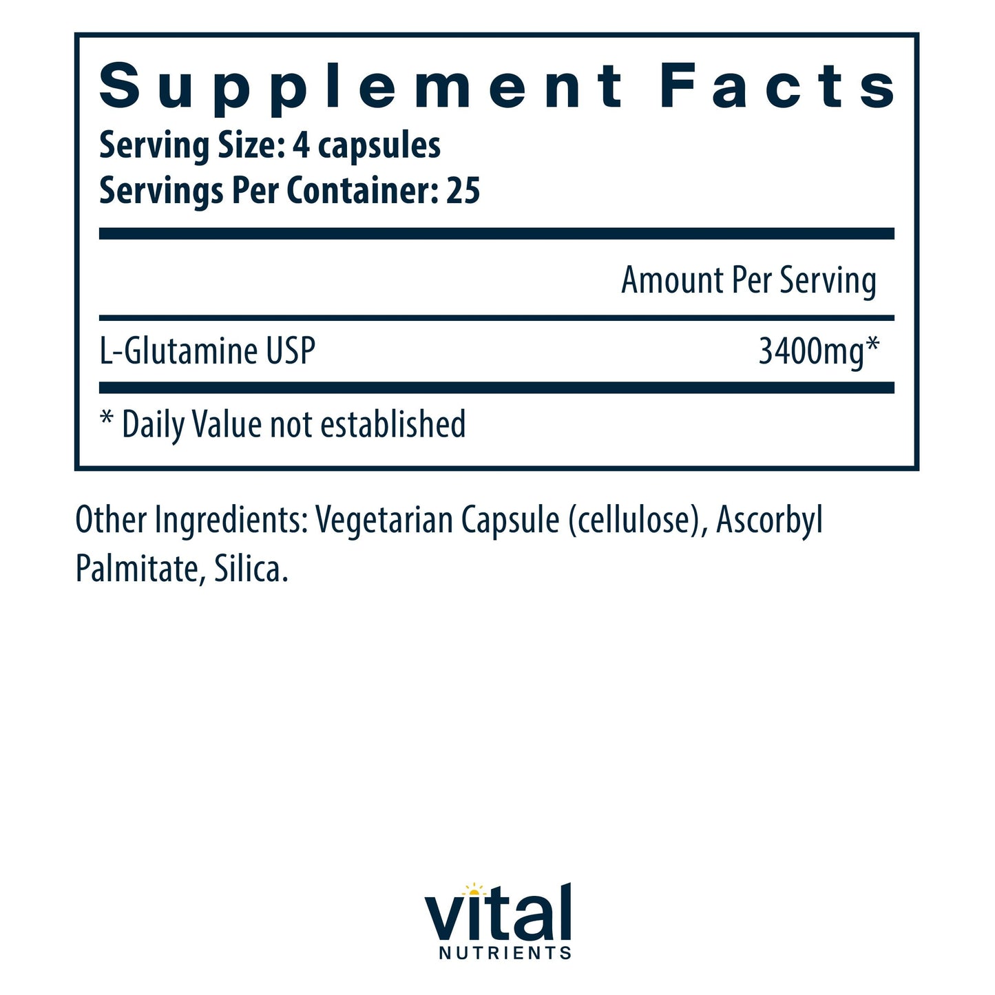 Vital Nutrients Glutamine 3400mg – 90 Capsules | GI Support | Gluten Free | Non-GMO